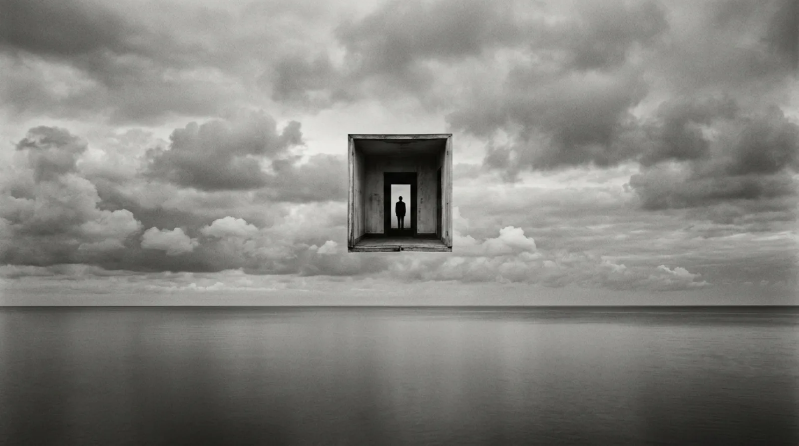 A room floats above a calm sea under heavy clouds. Inside the doorway, the silhouette of a solitary figure.